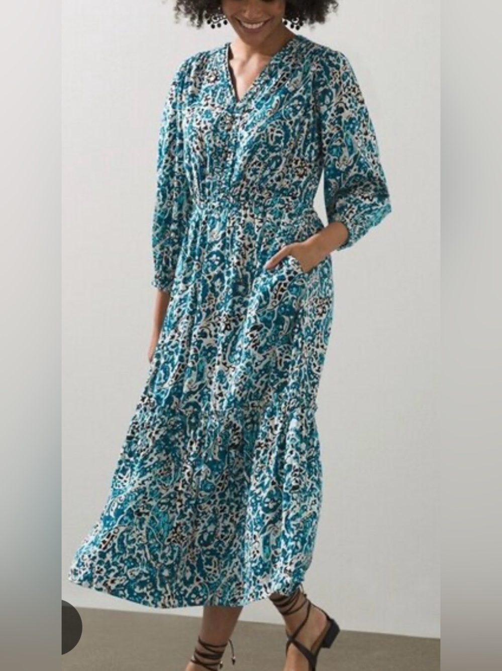 Chico’s Braid Detail Paisley Midi Dress Size 2.5 / US 14 Teal Blue White Pockets